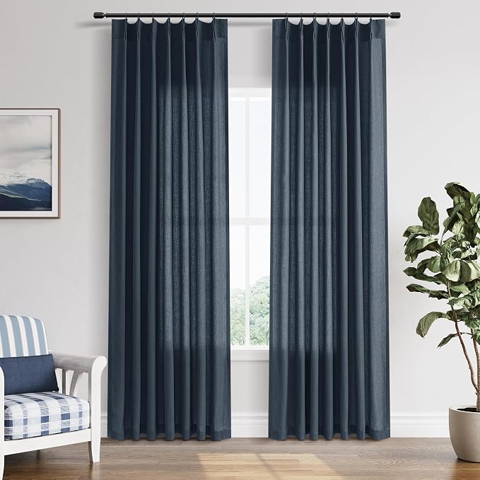 Guken Vintage Blue Pinch Pleated Linen Curtains 84 Inches Long 2 Panels Set Vintage Farmhouse Boho Window Curtain for Living Room Bedroom Semi Sheer Back Tab Draps with Hooks Rings Aesthetic Decor