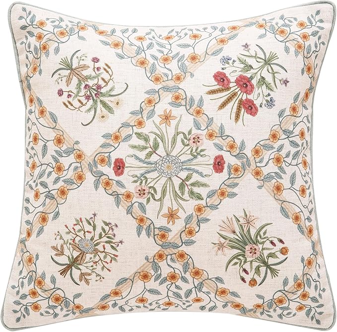 ISAENNE Vintage Elegant Linen Throw Pillow Cover,18"x18"-Serenity A | Designer French Square Pillow Cover,Concealed Zipper Design,Floral Pattern,Sofa,Bedroom,Living Room,Lounge Chairs