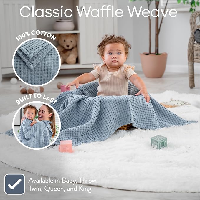 Comfy Cubs Waffle Weave Baby Blanket - 40” x 40” Cotton Blanket with Textured Design - Lightweight Swaddle for Bed, Crib, Stroller, or Couch - Soft Cover for Toddlers, Boys & Girls - Pacific Blue