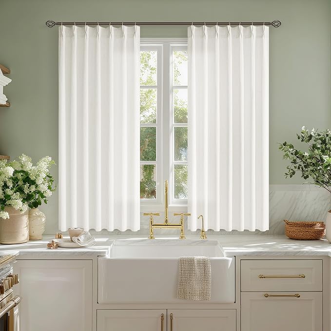 Cream Semi Sheer Linen Pinch Pleated Curtains 54 Inch Long | Neutral Ivory Beige Natural, Small, Light-Filtering Privacy, Bedroom, Boho Modern, Hook Rings Memory Shape, Burlap Textured
