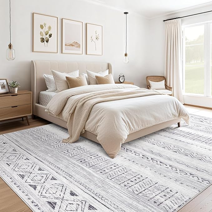 cotiled 9x12 Area Rug Living Room: Washable Boho Rugs with Non Slip Backing Large Soft Indoor Stain Resistant Carpet for Bedroom Farmhouse Dining Room Lightweight Home Decor Dark Grey