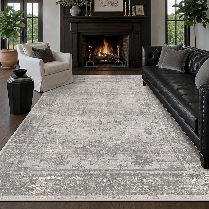 Farmhouse 5x7 Washable Area Rug for Small Living Room & Home Office, Neutral Gray Vintage Distressed Rug, Non-Slip Soft Low Pile Carpet for Bedroom, Desk Area & Dorm