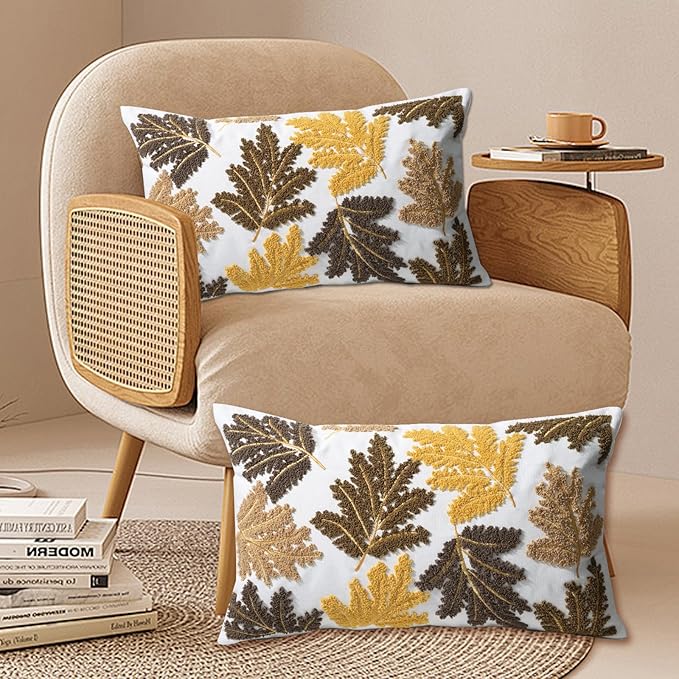 Set of 2 Embroidered Decorative Throw Pillow Covers Couch Square Pillowcases Cushion for Bedroom Sofa Farmhouse Decor 18x18 Inch (Yellow Maple Leaf-Lumbar)