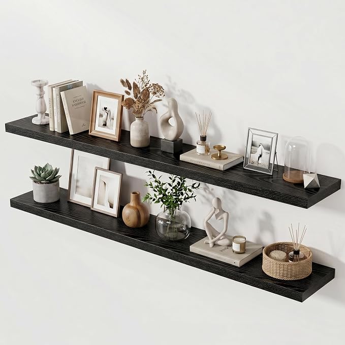Acovy 72 Inch Long Floating Shelves for Wall Set of 2,12" Deep Wall Shelf,Large Floating Shelf with Invisible Brackets for Bedroom,Bathroom,Kitchen,Farmhouse Home Decor Display Bookshelf,Black