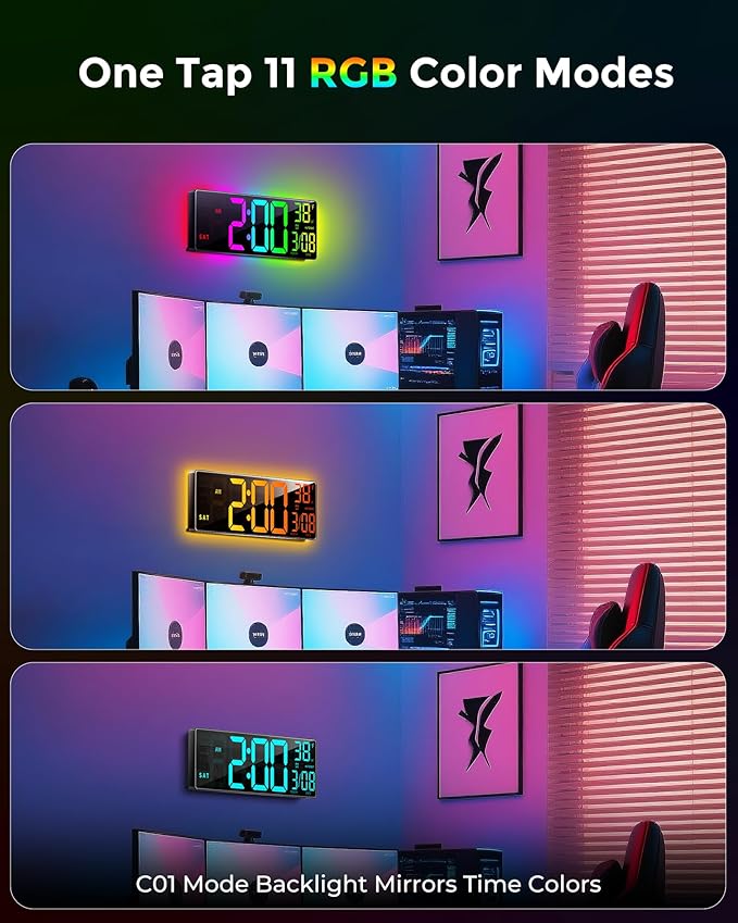 EASYERA 16.5" Large Digital Wall Clock with BT Sync, RGB Lights with 11 Scenes Mode Remote Control, Big LED Clock with Dual Alarms, Auto DST, Temperature for Classroom Gaming