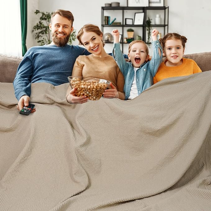 PHF 100% Cotton Waffle Weave Family Blanket Oversized King 120"*120", Pre-Washed Lightweight Breathable, Machine Washable,10'x 10' Huge Extra Large Big, Home Decoration Gift - Khaki/Simply Taupe