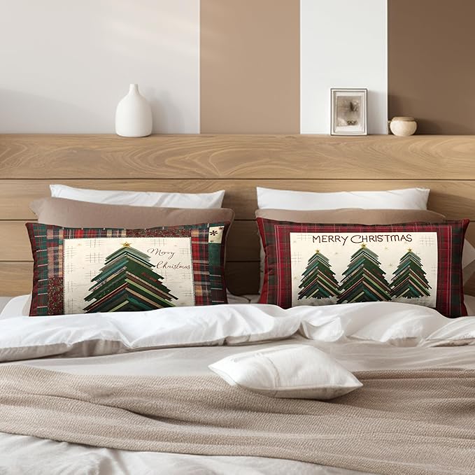 Merry Christmas Lumbar Pillow Covers 12x20 Set of 2 Red Classic Checkered Green Xmas Tree Throw Pillow Covers Holiday Pillowcase Rectangular Cushion Case for Couch Sofa