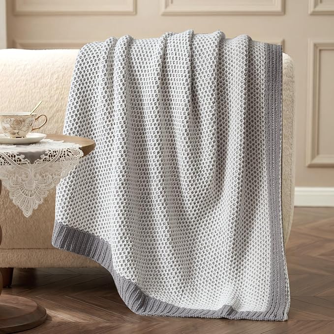 Amélie Home Honeycomb Knit Throw Blanket for Couch, Dual-Sided Soft Chenille Decorative Blankets for Sofa & Chair, 50"x60", Gray & White