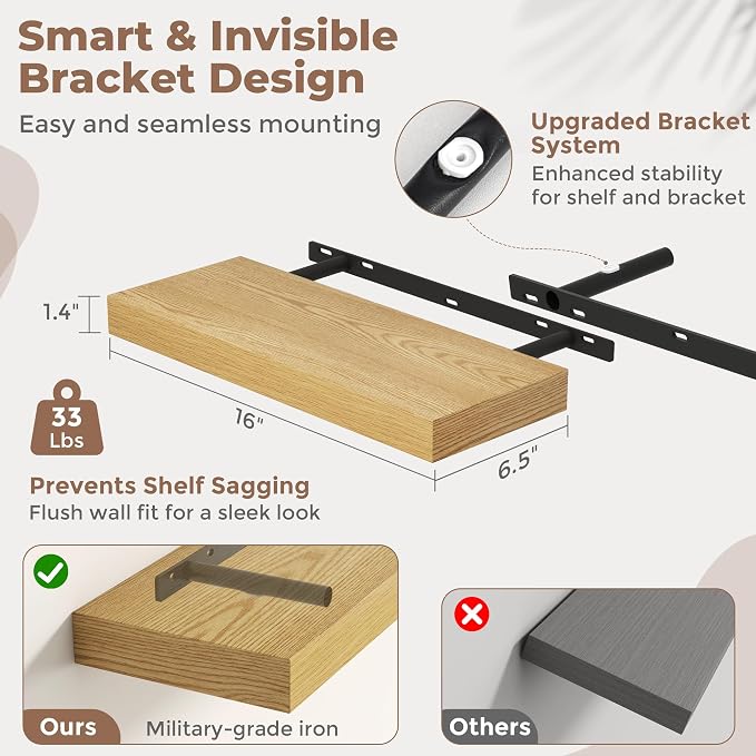Venusmiles Floating Shelves for Wall, 16 Inch Floating Shelves Set of 2, 6.5" D Wooden Wall Mounted Display Shelves with Invisible Brackets for Living Room, Bedroom, Bathroom, Kitchen Decor, Oak