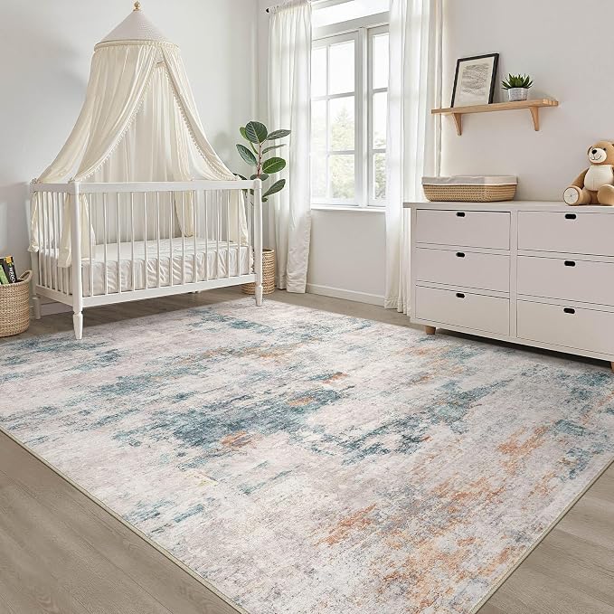 6x8 Area Rug Living Room: Washable Large Neutral Aqua Brown Rugs Abstract Soft Modern Stain Resistant Indoor Floor Non-Slip Carpet for Bedroom Nursery Kids Office Playroom Dining Room Under Table
