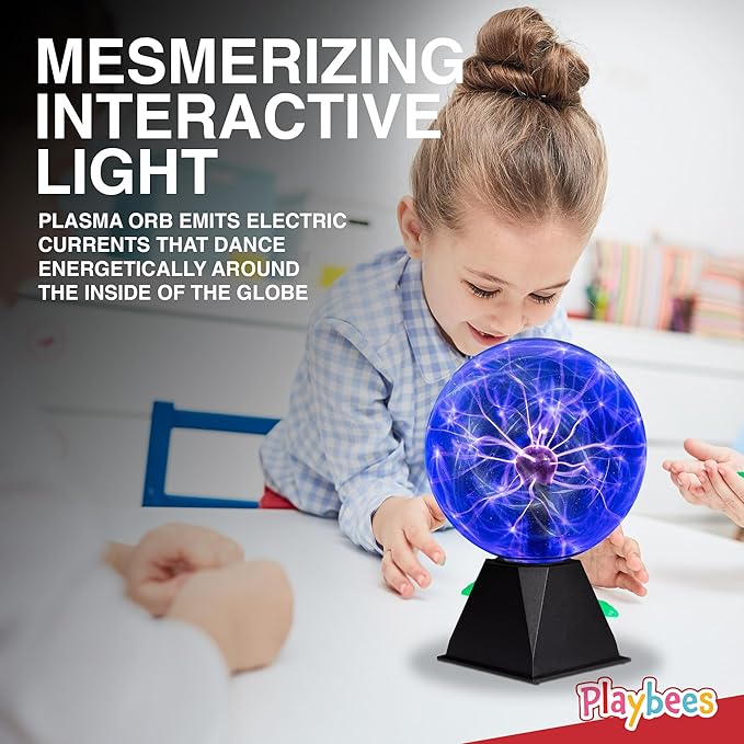 Playbees Blue Plasma Ball - 7 Inch - Tesla Coil Bulb Static Electricity in a Vacuum Pressurized Glass Globe, Nebula, Thunder Lightning, Plug-in - for Parties, Decorations, Prop, STEM