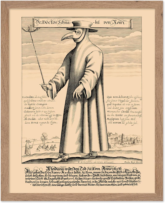 Poster Master Vintage Medieval Poster - Retro Illustration Print - Gift for Friend - Plague Doctor, Pandemic Mask, Physician, Black Death - Wall Decor for Home, Living Room, 11x14 Beige Framed