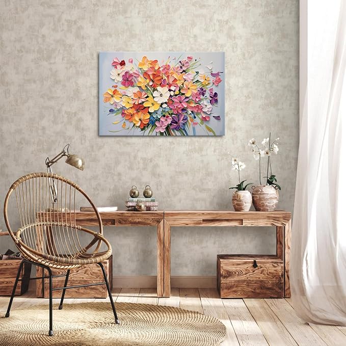 Pink Orange Flower Canvas Wall Art Girls Bedroom Wall Decor Colorful Floral Oil Painting Texture Prints Wildflower Picture Country Aesthetic Artwork Modern Bathroom Kitchen Home Decorations 20x30"