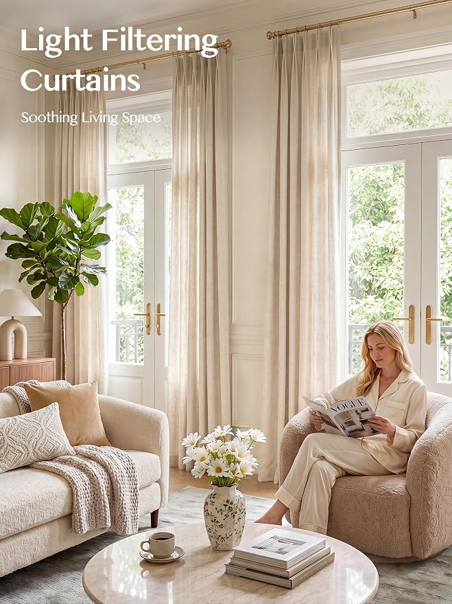 Liz Pinch Pleated Linen Curtains 100 Inches Long - Light Filtering Curtains for Living Room, Semi Sheer Window Curtains for Bedroom, Luxury Pinch Pleated Drapes with Hooks, Natural, 2 Panels Set