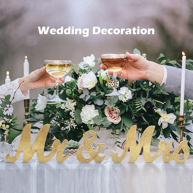 Mr & Mrs Sign for Wedding Table, Large Mr and Miss Wooden Letters, Just Married Sign Anniversary Party Valentine's Day Decor (Golden W/accessories), 12.5x7x2.5 inches