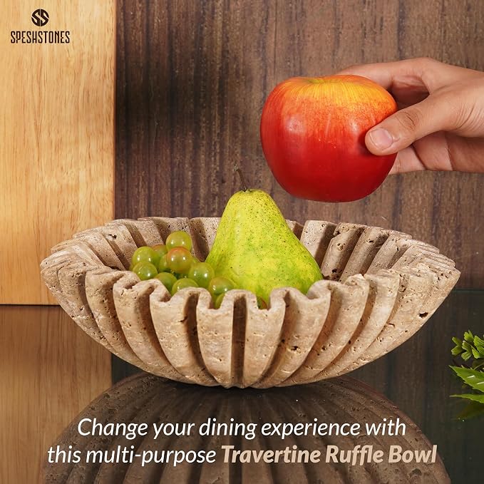 Marble Large Decorative Bowl Handmade 10 Inch Travertine Ruffle Bowl, Scalloped Bowls for Home Decor, Modern Fruit Bowl for Kitchen Counter, Stone Fluted Bowl for Housewarming Gifts