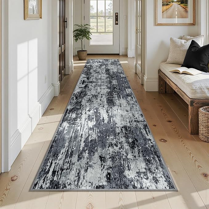 RELEANY Washable Area Rugs 2'6'' x12 Non-Slip Modern Abstract Soft for Living Room Entryway Bedroom Nursery, Print Pattern, Black Navy Blue Gray