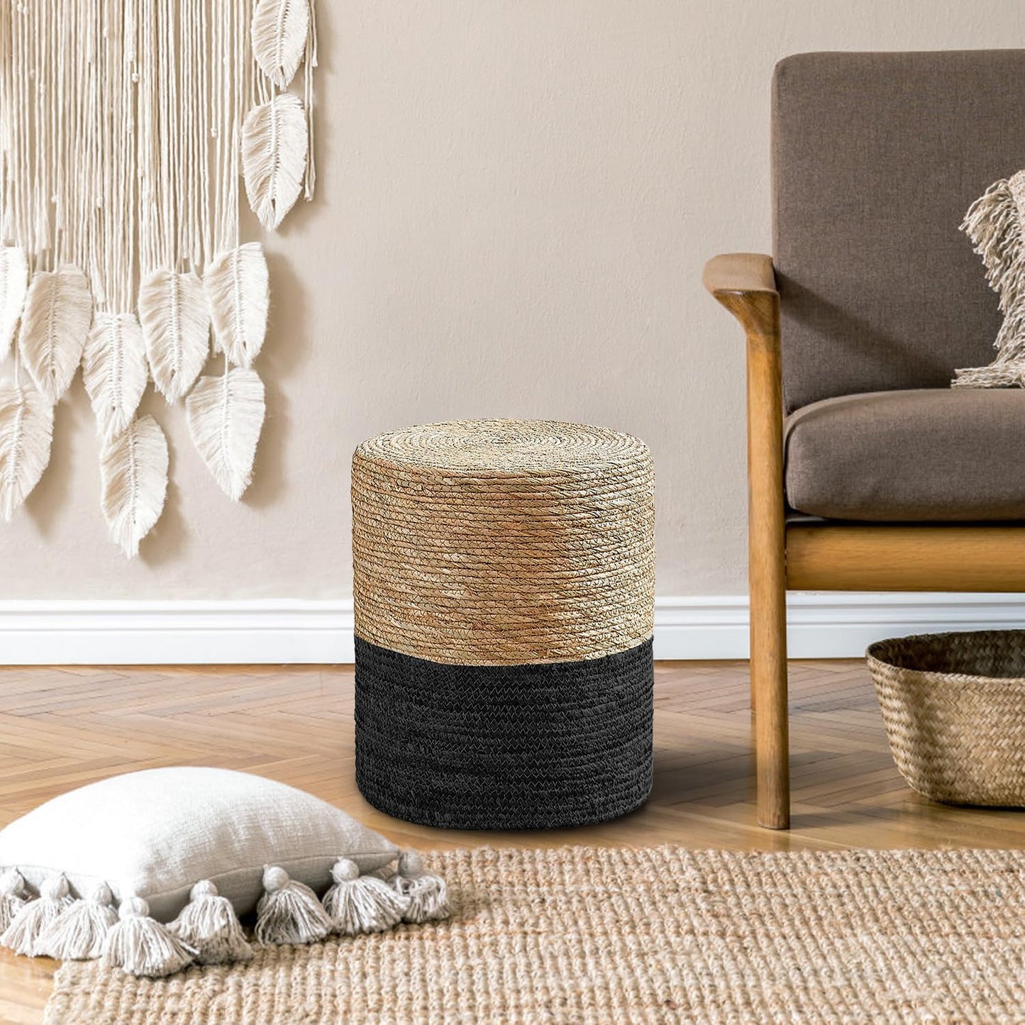 Cplxroc Pouf Ottoman, 100% Handwoven Seagrass Braided Pouffe, Boho Decor Floor Chair for Couch or Desk, Outdoor Ottomans for Garden, Round Footrest with Wood Frame, Home Decorative Seat for Balcony