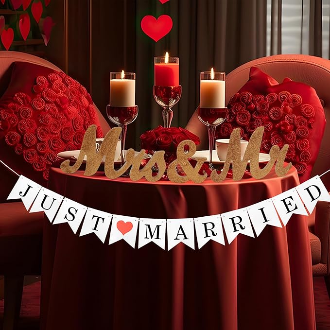 Just Married Banner for Wedding Table - Mr. & Mrs. Wedding Decoration Items, Rose Gold Wood Letter, Anniversary Party Valentine's Day Vintage Decor