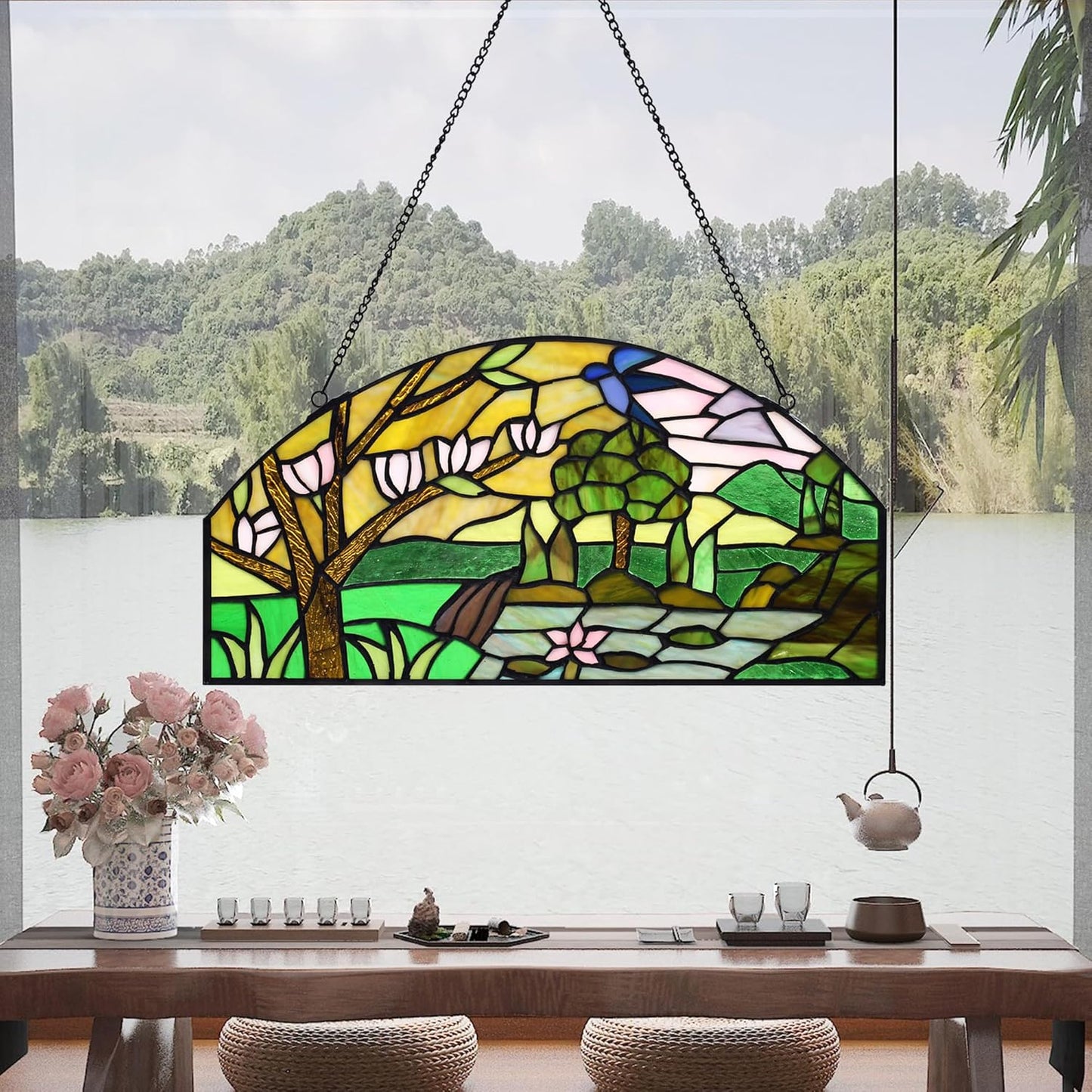 YOURANJU Half Moon Stained Glass Window Hanging Tiffany Style 16" x 8" Half-Round Window Panel Housewarming Gift Living Room Bedroom Kitchen Window Decorative Hangings with Chain (Tree)