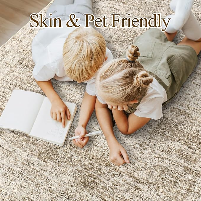 Soalmost Washable Area Rug 8x10, Large Soft Rugs for Living Room Vintage Area Rugs for Bedroom Dining Room Non-Slip Stain Resistant Brown Under Table Rug