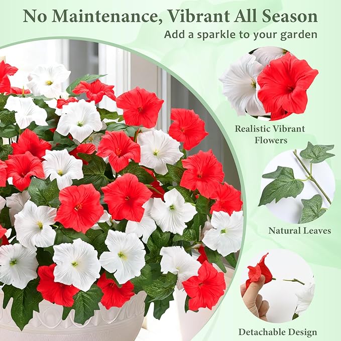 MARTINE MALL Artificial Flowers for Outdoors, 4 Bundles Realistic Fake Outdoor Flowers, UV Resistant Silk Petunia Flower for Outside Look Real Faux Flower Plants for Outdoor Porch Decor, Red White