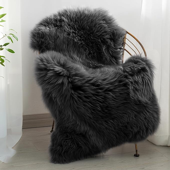 Premium Genuine Sheepskin Area Ruge - Real Wool Fur Shaggy Carpet | Fluffy Soft Natural Lambskin Rug Seat Chair Covers for Couch Sofa Bedroom Living Room(Dark Grey,2×3 Feet Sheepskin)