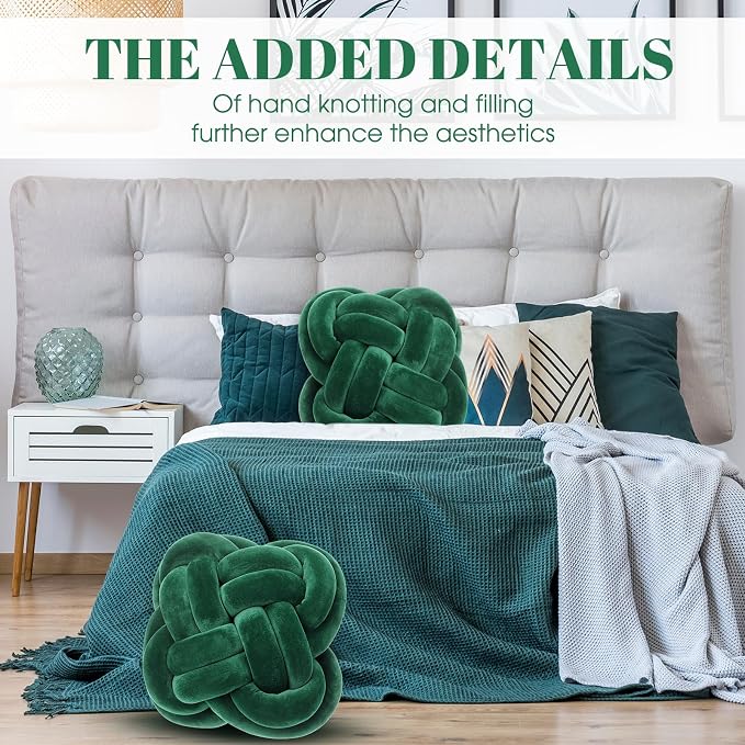 Beeveer 2 Pcs Knot Pillow Balls Set, 12 Inch Soft Decorative Throw Knot Pillow Ball, Large Square Knotted Floor Cushion for Living Room Bedroom Sofa Couch Bed Home Decoration(Dark Green)