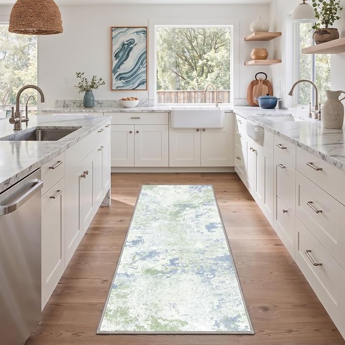BEIMO 2X8 Runner Rug for Hallway Kitchen, Machine Washable Runners Rug for Entryway, Soft Modern Abstract Throw Rugs, Low Pile Floor Cover with Non Slip Backing, Blue Green Ivory
