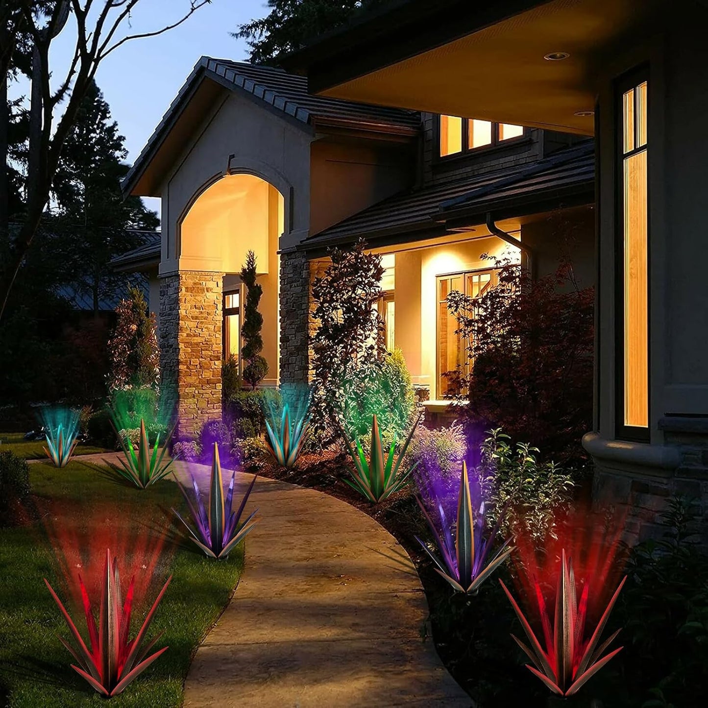 Large Tequila Rustic Sculpture, Rustic Metal Agave Plants for Outdoor Patio Yard, Home Decor Hand Painted Metal Agave Garden Yard Statue, Outdoor Lawn Ornaments (Red - L (W/Solar Light))