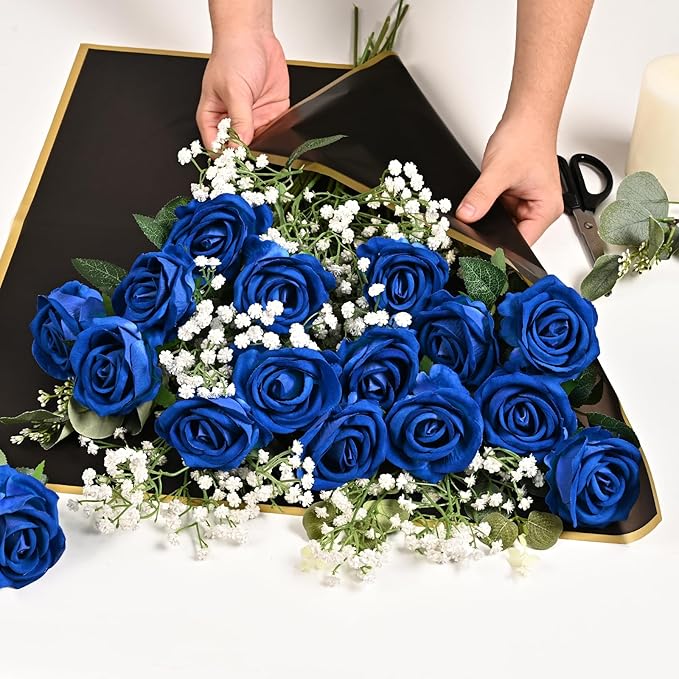 Waipfaru 50 Pcs Blue Roses, Fake Roses Artificial Velet Flowers for Valentines Mothers Day Wedding Centerpieces Decor (Royal Blue)