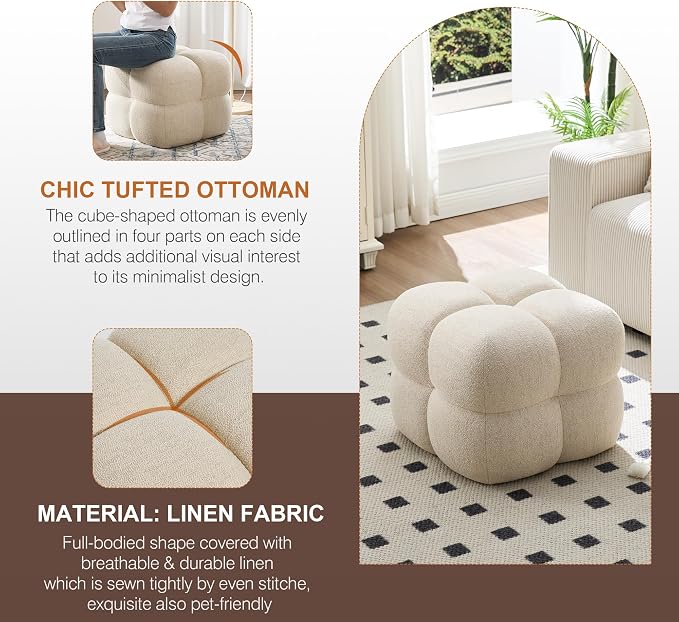 Zesthouse Square Pouf Ottoman, Modern Vanity Chair Backless for Bedroom, Beige Linen Stool Seat Foot Rest, Upholstered Poofy Footstool for Couch, Fabric Ottoman Coffee Table for Living Room