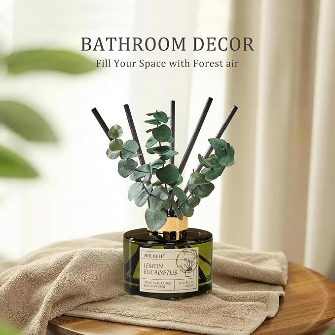 Airkeep Reed Diffuser Set with 6.76 fl oz Lemon Eucalyptus Scent Essential Oils and 3 Leaves & 8 Diffuser Sticks,Bathroom Shelf Decor & Air Freshener, House Bedroom Office Decor & Gifts