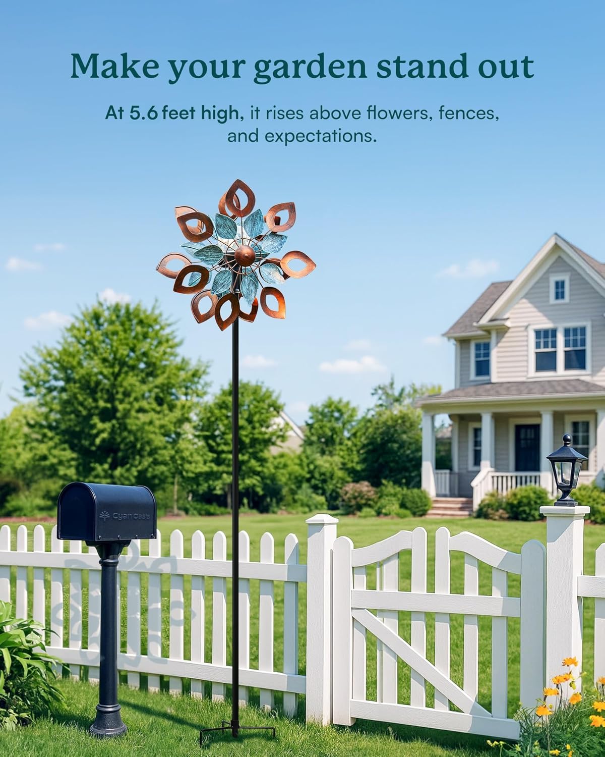 Copper Wind Spinners Outdoor 74 Inches with Solar LED Light, Kinetic Dual Wind Sculptures & Spinners for Yard Lawn Garden Decor, Large Metal Clearance Windmill with Bronze Leaf