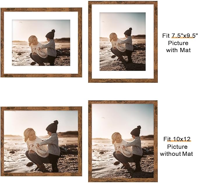Picrit 10x12 Picture Frame Set of 12, Display 8x10 with Mat or 10x12 without Mat, Photo Frames for Wall Mounting or Table Top Display, Brown
