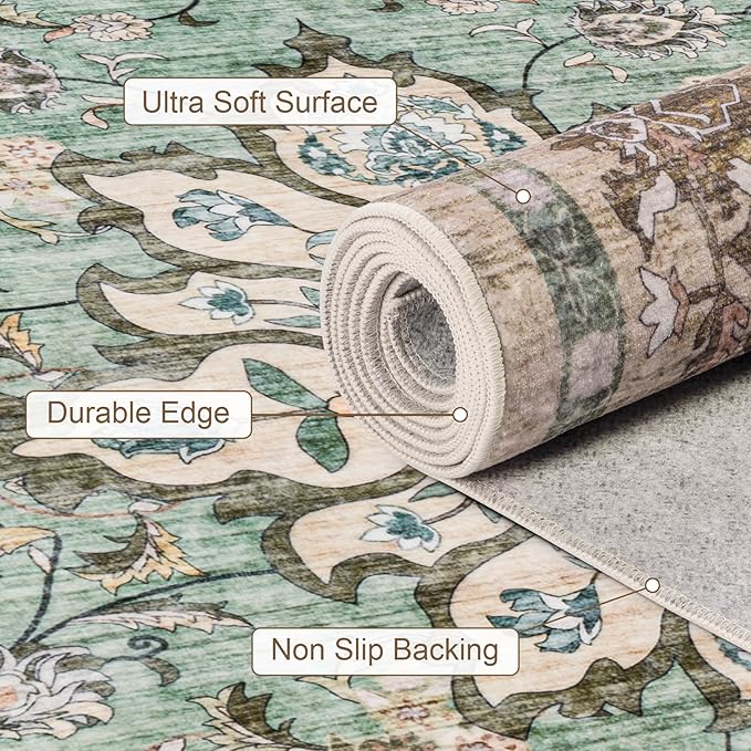 Hallway Runner Rug Non Slip - Washable 2.6x8 Kitchen Rugs for Living Room, Low-Pile Soft Bedroom Rug Indoor Floor Stain Resistant Carpets for Entryway, Laundry, Bathroom Brown Green