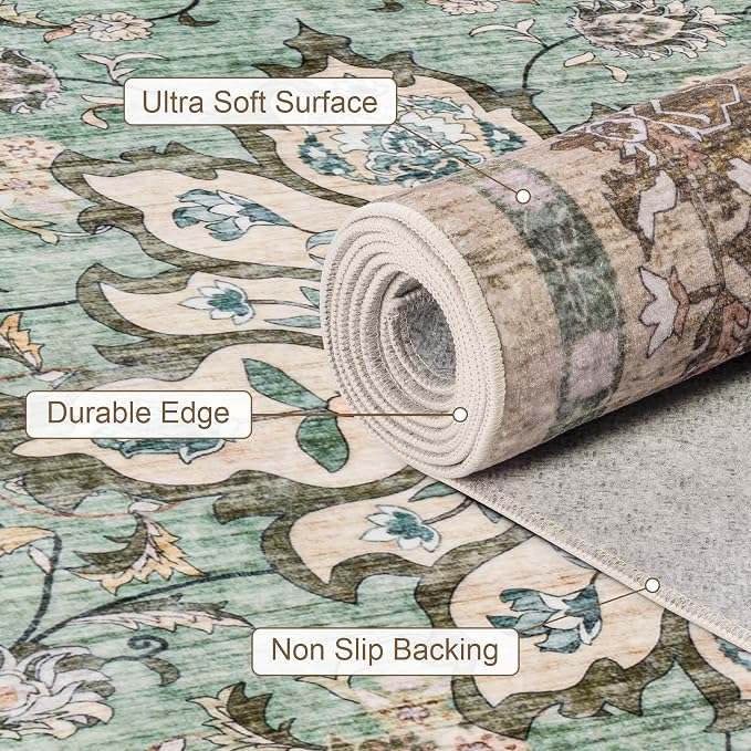 Area Rugs 10x14 Living Room Rug: Washable Rug Soft Vintage Distressed Floral Carpet Indoor Non-Slip Stain Resistant Large Carpets for Bedroom Dining Room Farmhouse Nursery Home Office Brown Green