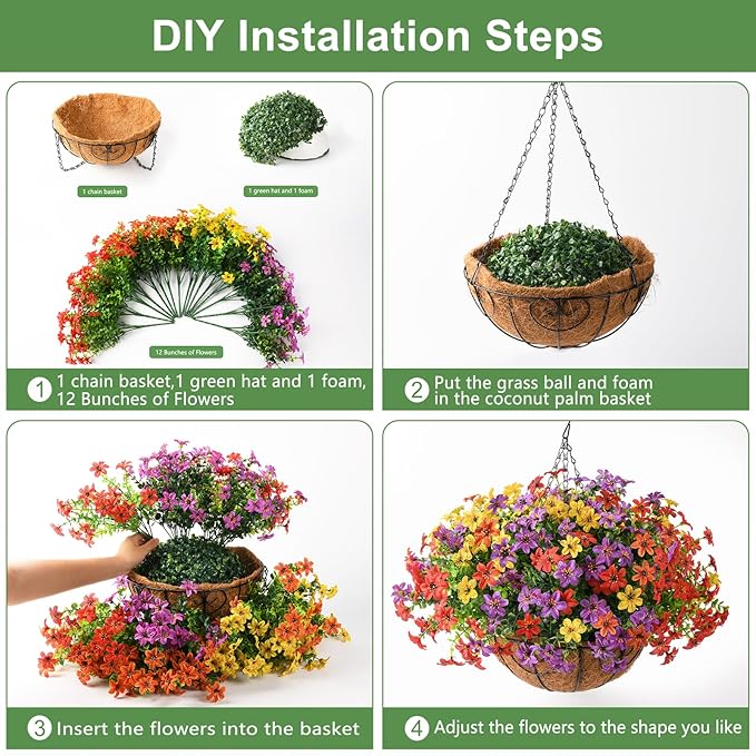 Artificial Flowers Fake Hanging Basket for Outdoor Spring Summer Decoration, 12 Bundles Faux Hanging Plants UV Resistant, Realistic Silk Flower for Outside Planters Porch Patio Balcony Yard Garden