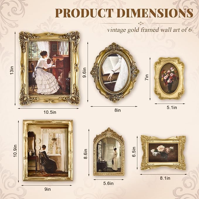 Lineshading 6 Pcs Vintage Gallery Wall Decor, Framed Canvas Wall Art Set with Antique Gold Ornate Resin Frames, French Country Cottage Botanical Floral & Portrait Prints for Living Room Farmhouse Home