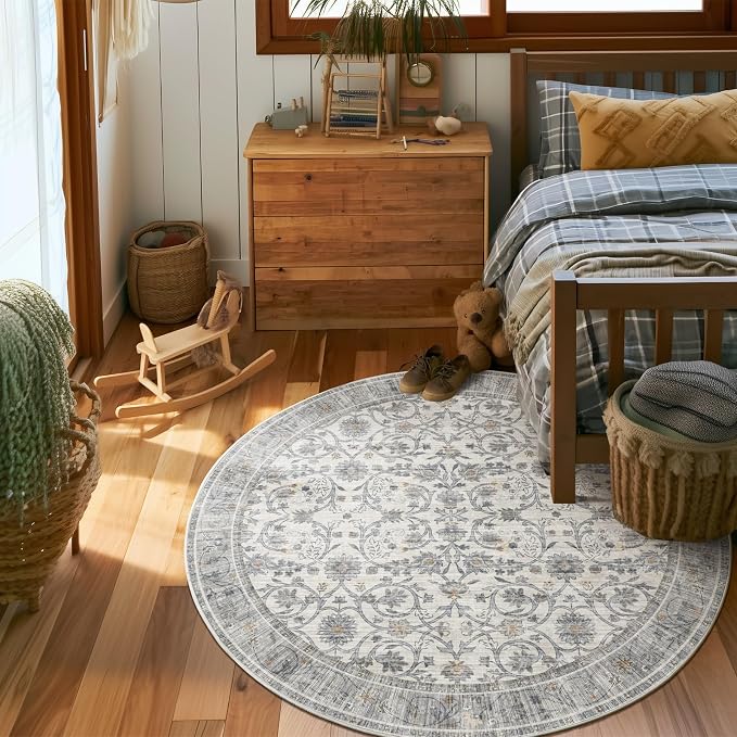 Machine Washable Rugs for Living Room: 4x4 Area Rugs for Bedroom Ultra Soft Non-Slip Low Pile Vintage Boho Large Carpet for High-Traffic Dining Room - Farmhouse Decor