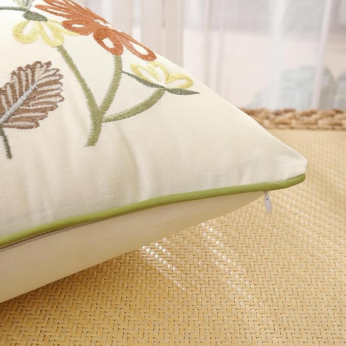 Orange Floral Pillow Covers 18x18 Pack of 2 Embroidered Throw Pillow Covers Vintage Flowers Farmhouse Pillow Cushion Cases Spring Summer Decorative Pillowcases Home Decor Square Pillow Case