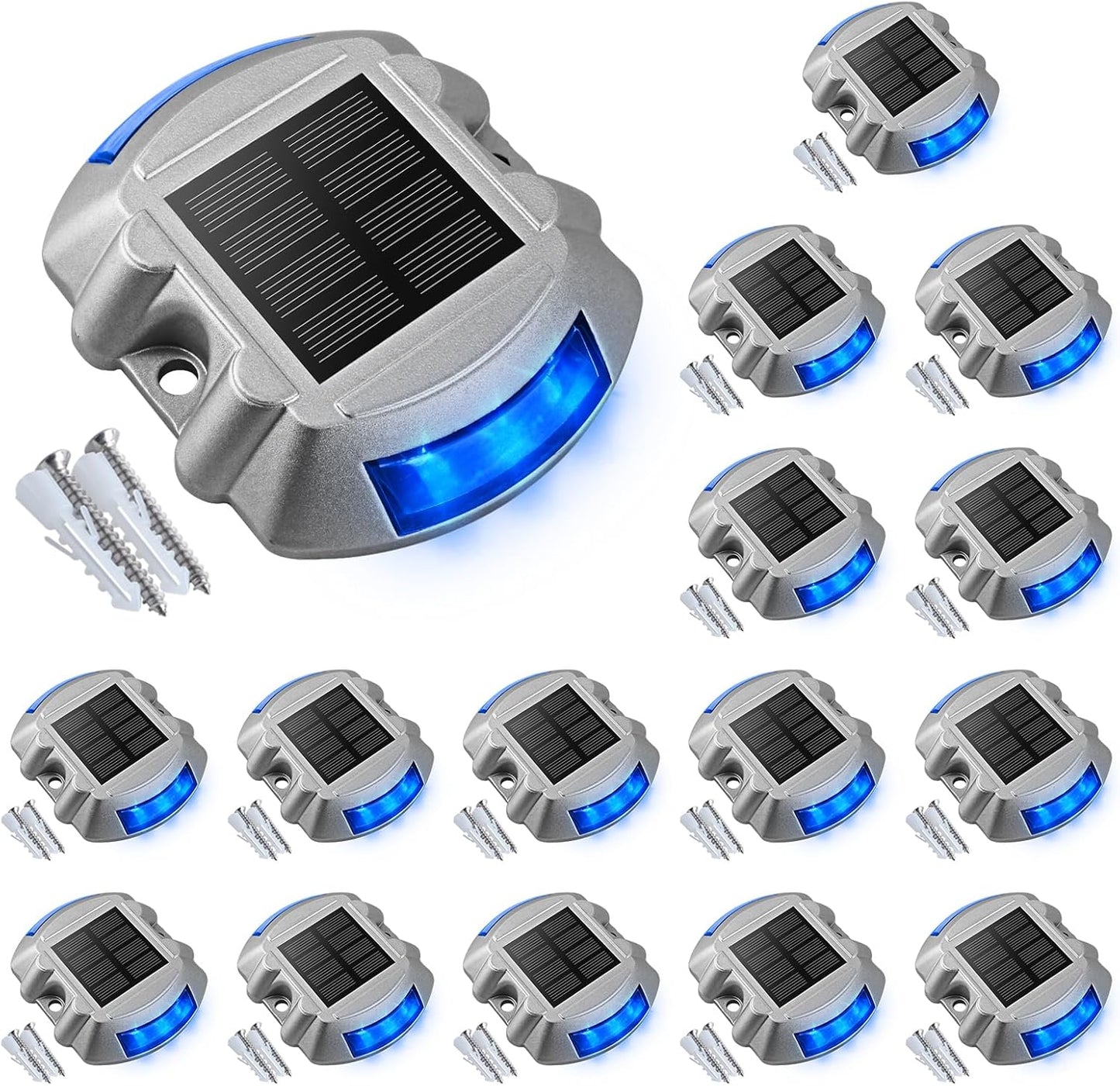 VOLISUN Solar Deck/Dock Lights, 16-Pack Led IP67 Waterproof Outdoor Warning Step Lights for Driveway Sidewalk Garden Pathway Yard (Blue)