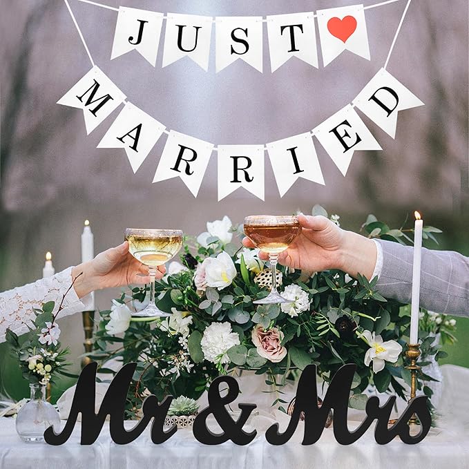Mr. & Mrs. Sign for Table, Just Married Banner, Wooden Wedding Decor - Black Banner