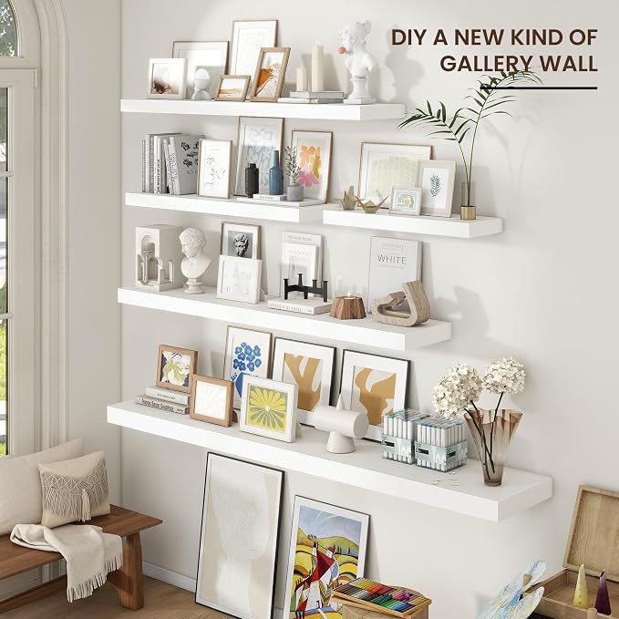 Venusmiles Floating Shelves for Wall 72 inch Long, Engineered Wood Large Wall Shelves with Invisible Brackets for Living Room Bedroom Bathroom Office Kitchen Decor and Storage, White Finish, Set of 1