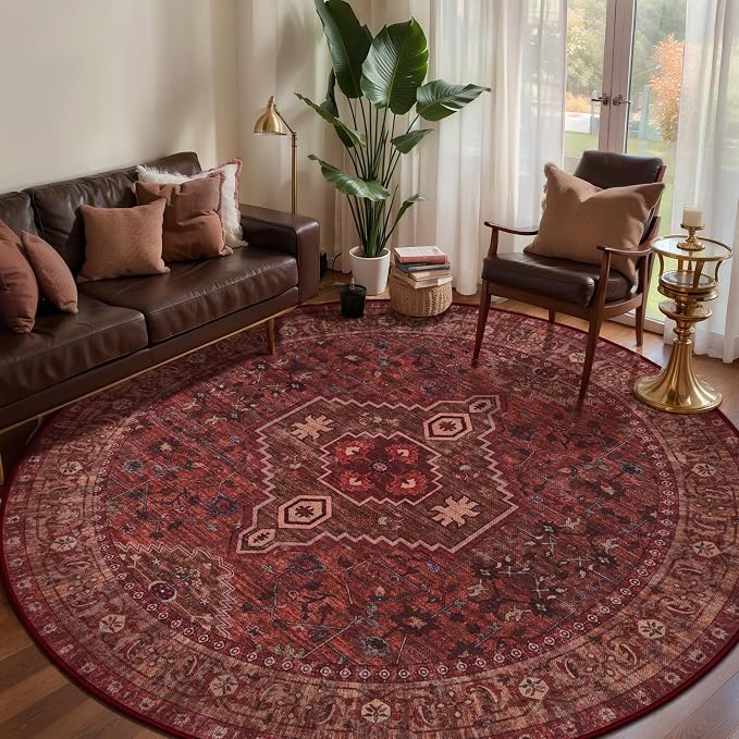Tangsoo Red Round Area Rugs 6ft, Washable Circle Rug, Non Slip Boho Round Area Rug, Vintage Low Pile Circular Rugs,Large Round Rugs Carpet for Livingroom Bedroom Nursery Dorm Office