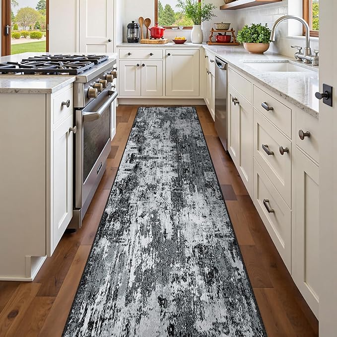 RELEANY Washable Area Rugs 2'x8' Non-Slip Modern Abstract Soft for Living Room Entryway Bedroom Nursery, Print Pattern, Black Navy Blue Gray