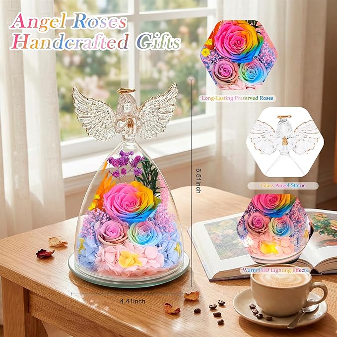 FIACO Gifts for Women Mom Preserved Rose Forever Flower in Glass Angel Figurine Fresh Flowers for Delivery Birthday Gifts for Grandma Wife Sister Eternal Roses