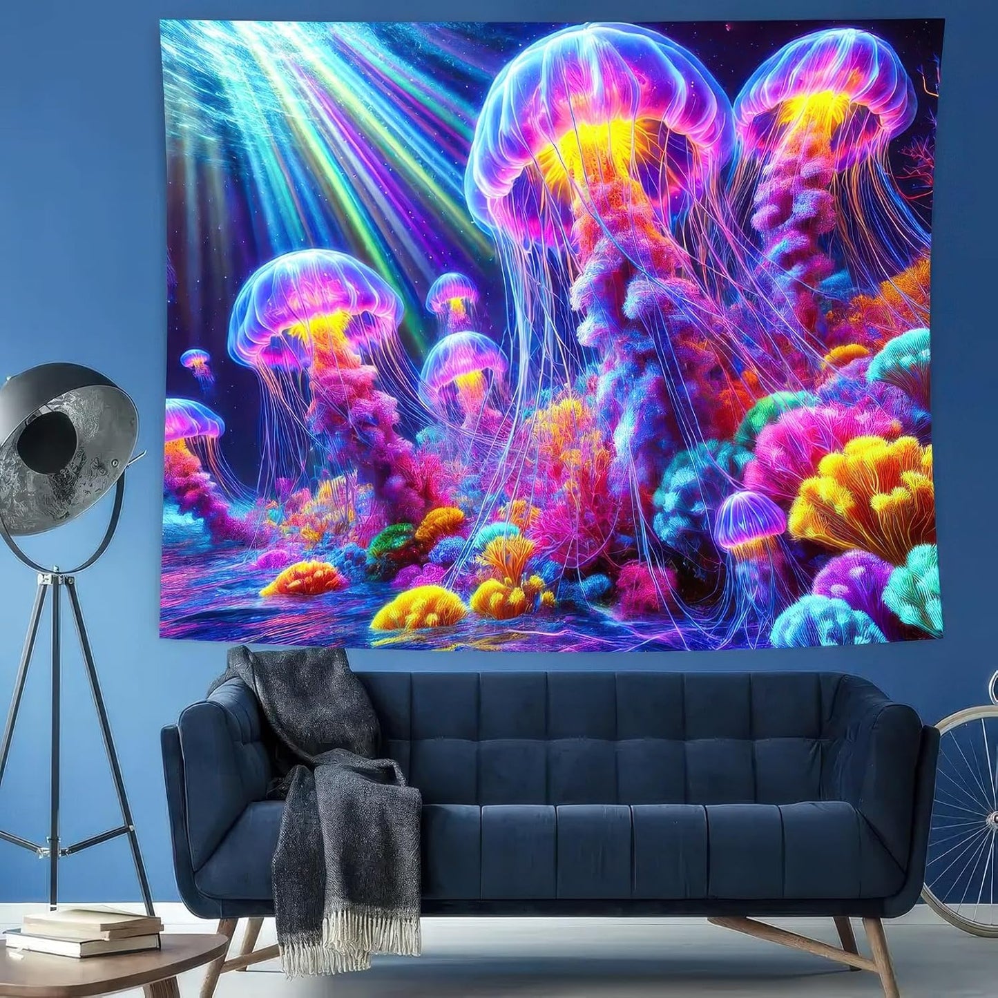 BlissYard Black Light Tapestry UV Reactive Tapestry Glow Tapestry Blacklight Tapestry 78x59 Inches Neon Jellyfish Wall Hanging, Fluorescent Art Decoration with Colorful Sea Life, Oceanic Theme
