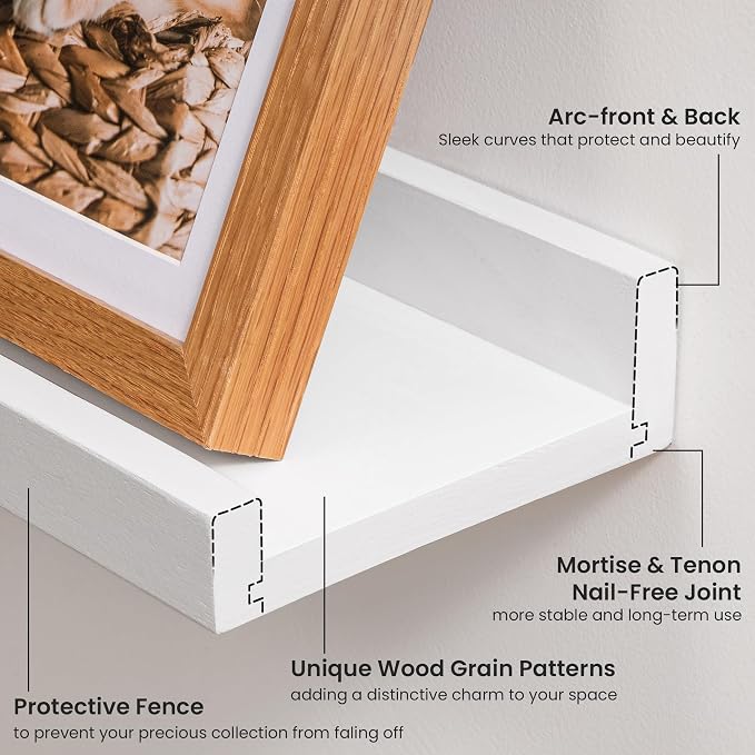 Acovy Solid Ash Wood Picture Ledge Shelf, 24 Inch, White, Set of 2 | Floating Shelves with Lip, Photo Ledge, Wall Mounted, For Nursery Bookshelf Living Room Bedroom