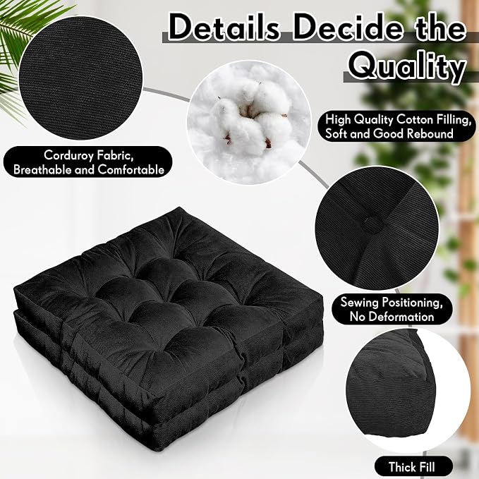 Jerify 4 Pcs Floor Pillow Cushions Large Round Square Large Meditation Floor Pillow for Classroom Adult Meditation Picnic Party Seating Learning Daycare School (Square,Black)